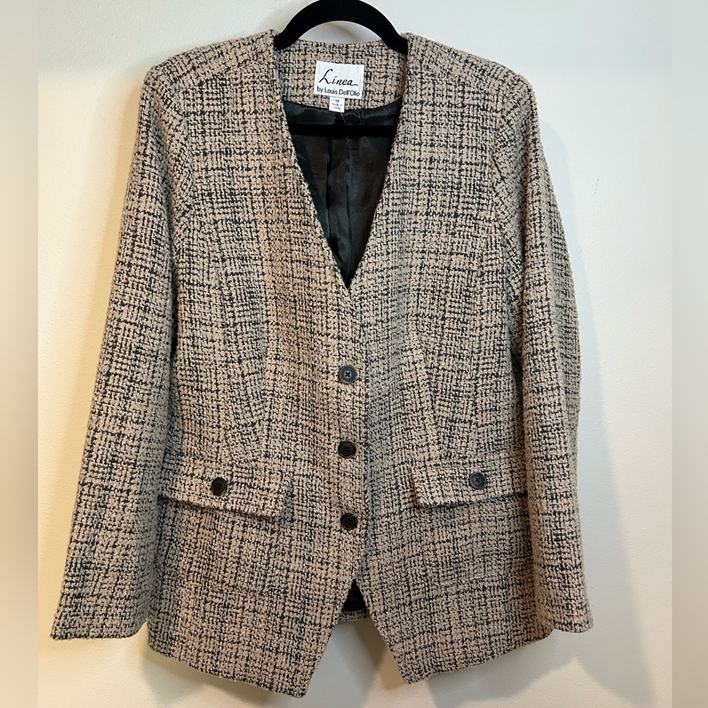 EUC LINEA BY LOUIS DELL’OLIO LINED BLAZER IN CREAM/GREY SIZE 14